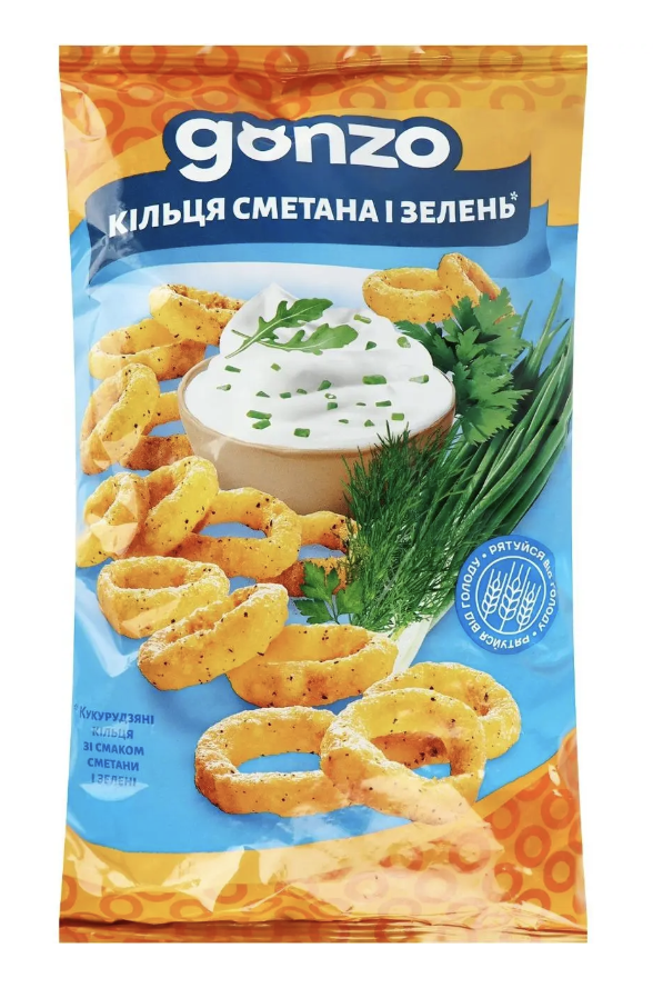 Снек Gonzo 40г Кукурудзяні кільця сметани і зелені